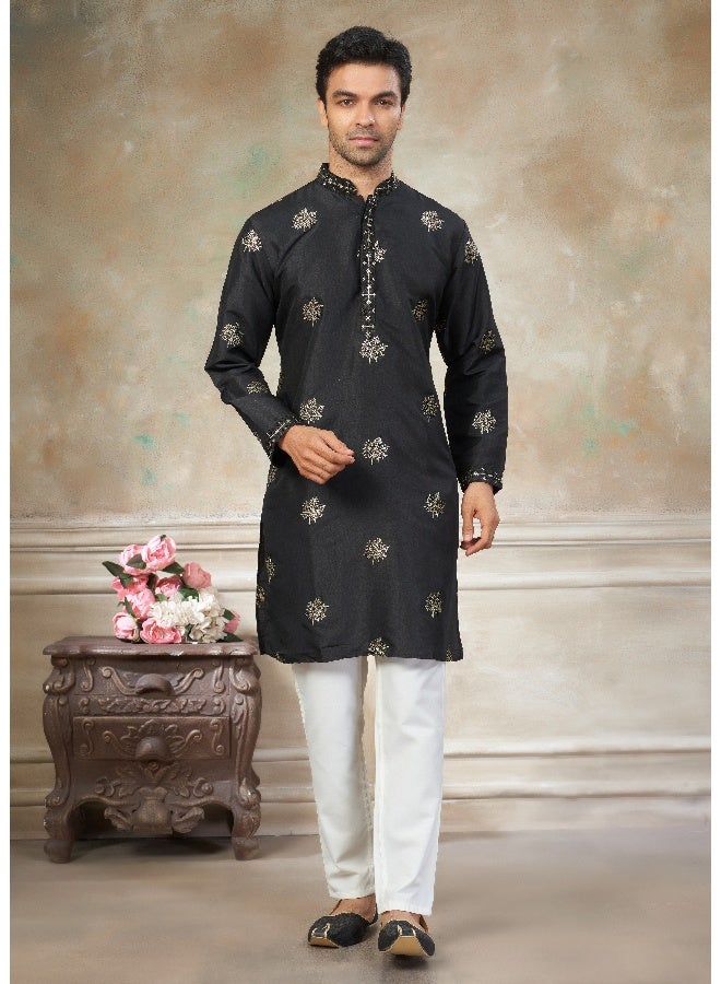 OUTLUK Black Embroidered Kurta with Cotton Pajama for Men - Image 1